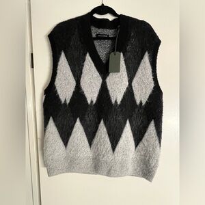 NWT ALLSAINTS Black and Gray Argyle Sweater Vest